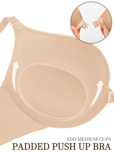 Image of Front Closure Bra Push Up Plunge V Front Clasp Bras Padded Add Cup Demi Underwire Lift T Shirt Smooth Bralette(Nude, 36B)