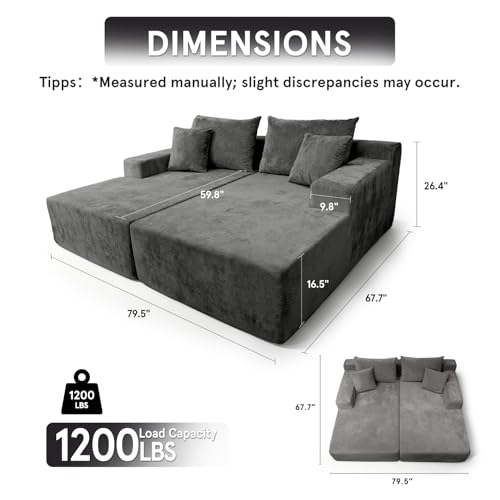 Image of Sytopia Loveseat Chaise Lounge with Armrests, Oversized Sofa Bed with 4 Pillows, Cozy Boneless Sleeper, Modular Sectional Couch for Living Room Bedroom, Floor Chair Furniture sala Chenille, Black