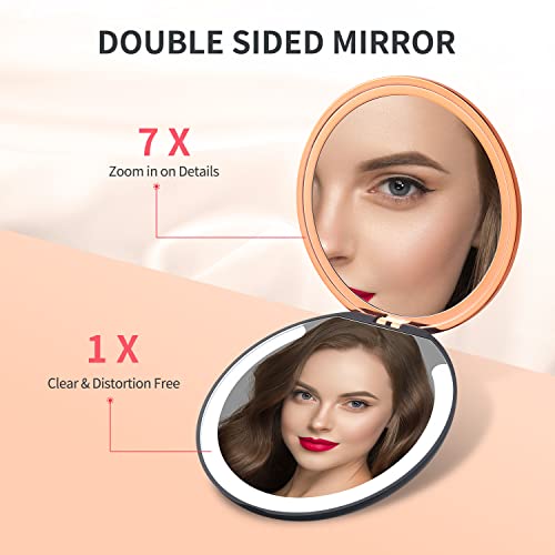 Kostlich Travel Makeup Mirror With Lights, 1X/7X Magnifying Compact Mirror 4.7 Inch, Folding, Rechargeable Handheld 2-Sided Pocket Mirror, Portable For Handbag Purse (Black) #TOP1