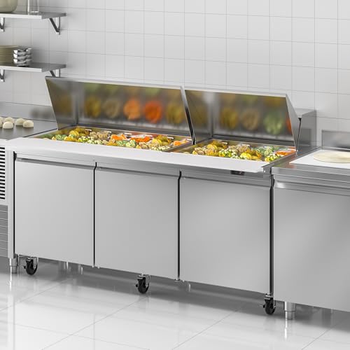 Image of Rockitch 72 inch W Commercial Sandwich Prep Table Refrigerator, 21.2 Cu.ft Stainless Steel Mega Top Sandwich Prep Table with 30 Pans, 3 Doors Salad Prep Station for Restaurant Food Prep, ETL Approved
