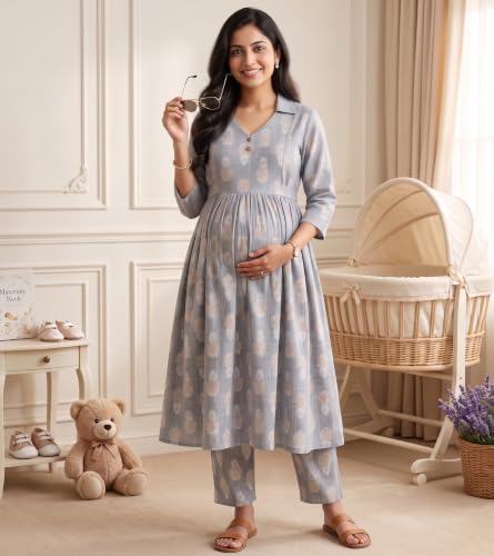 Image of DUMMY SHAPE Maternity Dresses for Women Cotton | Floral Kurta Pant Dupatta Set with Nursing Zippers, Side Pocket | Pre & Post Pregnancy | Feeding Kurti Suit | Baby Shower | Gifts for Pregnant Woman
