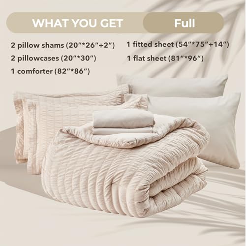 Image of HYMOKEGE Beige Full Size Comforter Sets Seersucker 7 Pieces, All Season Luxury Bed in a Bag for Bedroom, Bedding Set with Comforters, Sheets, Pillowcases & Shams