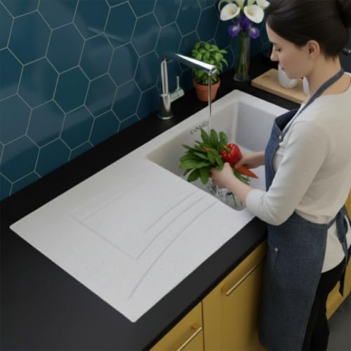Image of EVANEX Quartz Sink for Kitchen|36x18x9 inch Kitchen Sink with Drain Board|Granite Sink for Kitchen Basin|Rosa Quartz Kitchen Sink with Connector, Waste Pipe, Coupling and Drain Basket