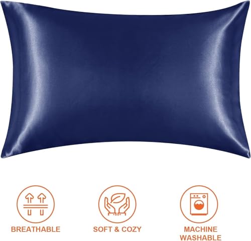 Image of Satin Pillow Covers Set of 2 - Soft & Smooth Pillowcases for Hair & Skin Care | Envelope Closure | Includes 3 Free Random Color Scrunchies | Frizz-Free Sleep Essentials (Navy Blue)