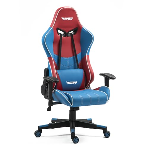 MUWO Hero E-Sports - Silla ergonómica con respaldo ajustable (de 90° a 170°), asiento regulable en altura, reposacabezas y respaldo desmontables y función giratoria de 360° (azul/rojo)