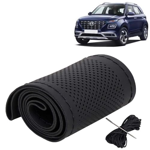 Image of KINGSWAY PU Leatherite Car Steering Cover Sewable Compatible with Hyundai Venue (Year 2019-2022), Black Color with Black Thread, Pack of 1 with Sewing Needle and Thread
