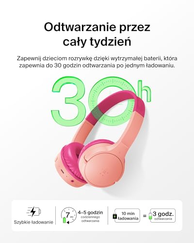 Bezprzewodowe słuchawki dla dzieci Belkin SoundForm Mini, wbudowany mikrofon, 30 h odtwarzania, z naklejkami – nauszne słuchawki do nauki zdalnej, szkoły, podróży, iPhone'a, iPada, Galaxy – różowe