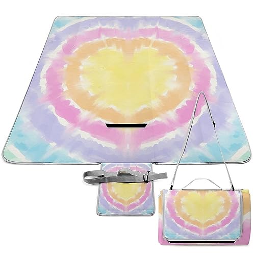 Watercolor-tie-dye-Cartoon Picnic Blanket Waterproof Foldable, Large Outdoor Picnic Blanket Beach Blankets Camping Blanket Travel Mat, Shoulder Strap Tote, Rectangle 58x58in
