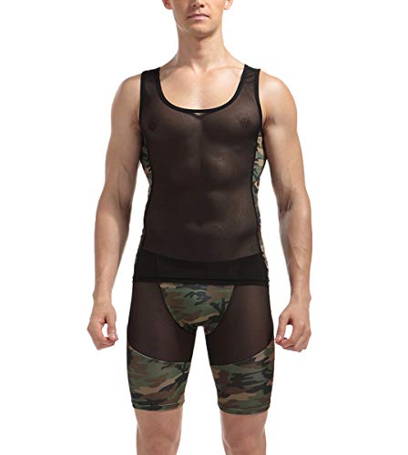Herren Shirt Tank Top Boxershorts Camouflage 2-teilige Set Sheer Transparent Camo Sport Tights Männer Unterwäsche Hose Shorts Weste Sleeveless Ärmelloses Unterhemd Kurz Leggings (S/M)