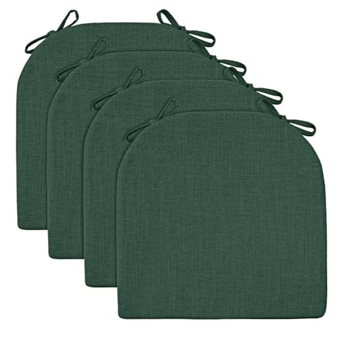 Image of Wellsin Chair Cushions for Dining Chairs 4 Pack - Kitchen Chair Cushions with Ties and Non-Slip Backing - Dining Chair Pads 16 inchX16 inchX2 inch, Dark Green