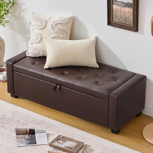 Image of Huatean Home 48 inch Ottoman with Storage, Storage Ottoman Bench with Safety Hinge, Upholstered Entryway Bench with Seating for Bedroom, Living Room, Holds up to 330 lb, Dark Brown