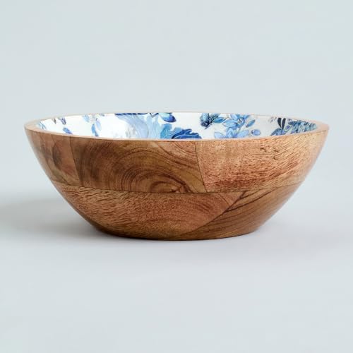 Image of SAAGA Printed Mango Wood Mixing Bowl | 8 x 2.5 Inch Large Wooden Serving Bowl for Salads, Fruits, Snacks, Curries & Desserts | Handcrafted Kitchen & Dining Bowl | White & Mazarine Blue