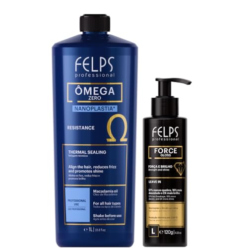 Kit Felps Professional Omega Zero Nanoplasty Hair Straightening Treatment Kit with Force Gloss Leave-In, Formaldehyde Free, 33.81oz + 4.23oz