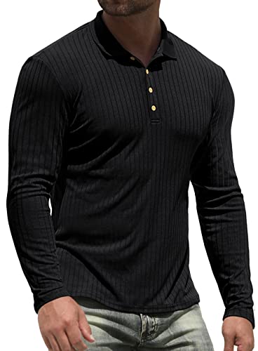 NITAGUT Men's Polo Shirts Long Sleeve Casual Slim Fit Workout Shirts for Golf Tennis Black, Medium