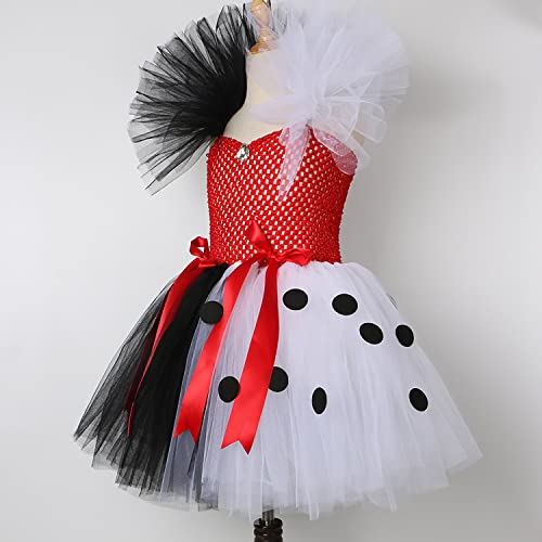 Cynicism Girls Polka Dots Dress Up Birthday Christmas Party Tulle Dresses Kids Cruella Deville Costume Accessories Halloween Cosplay Outfits Wings Necklace Gloves The Pole 5Pcs Size 10T/12T, 09 #TOP2