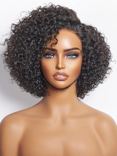 LUVME HAIR 8" Curly Glueless Wigs Human Hair Pre Cut/Plucked, Undetectable HD Lace Wig Ready to Go Lace Bob Wig Short Curly 180 Density