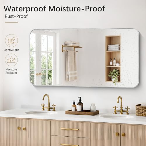 Image of DESBING 55 inchx30 inch Bathroom Mirror for Over Sink, Silver Framed Wall Mirror | High-Definition Shatterproof Vanity Mirror with Rounded Corner for Bedroom Living Room Entryway Horizontally or Vertically