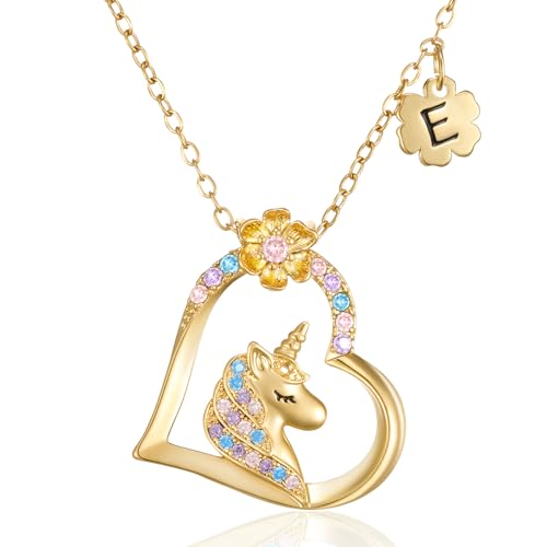 NORBU Hypoallergenic Unicorn Necklace for Girls Daughter - Colorful CZ Heart Pendant Clover Initial Unicorn Necklace, Gift of Dreams for Little Girls