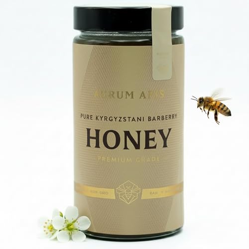 Image of Aurum Apis Raw Kyrgyzstani Barberry Honey, 100% Raw & Unfiltered Pure Honey, Hand Harvested Organic Honey, Non-GMO, Unprocessed Certified Organic Honey from Barberry Plant- 1kg Honey Jar