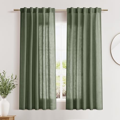 Image of Olive Green Linen Short Curtains W40xL54 Inch for Living Room