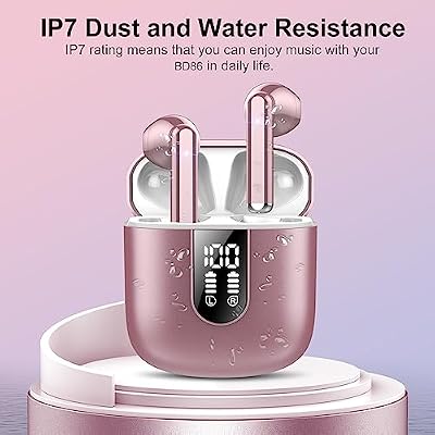 Wireless Earbuds, Bluetooth 5.4 Headphones HiFi Stereo, Bluetooth Earbuds with ENC Noise Cancelling Mic, 36H LED Display Ear Buds, IPX7 in Ear Earphones for Phone Tablet Laptop Sports, Rose Gold