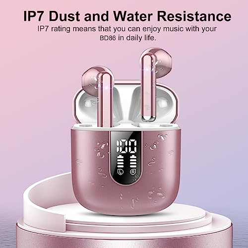 Image of Wireless Earbuds, Bluetooth 5.4 Headphones HiFi Stereo, Bluetooth Earbuds with ENC Noise Cancelling Mic, 36H LED Display Ear Buds, IPX7 in Ear Earphones for Phone Tablet Laptop Sports, Rose Gold