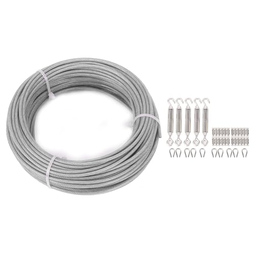 1/8in Steel Wire Rope Kit, 304 Stainless Steel Cable Set, for Hanging Lights, Plants, 100ft Garden Clothesline Wire