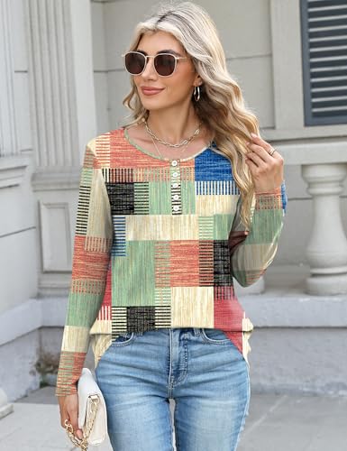 LUYAA Womens Long Sleeve V Neck Tops Henley Shirts Color Block/Solid Loose Fit Button Down Tunic Tops Casual Fall 20253