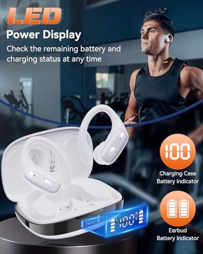 Image of LEEMC Wireless Earbuds, Bluetooth Headphones 5.4, 80Hr Playtime Ear Buds with Hooks for Sports, Noise Canceling, LED Display, IPX7 Waterproof Earphones for Workout Running, Purewhite