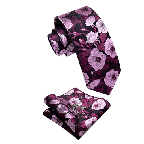 Image of YourTies Silk Paisley Floral Tie and Pocket Square Cufflinks with Lapel Pin Sets for Men 5PC Wedding Party