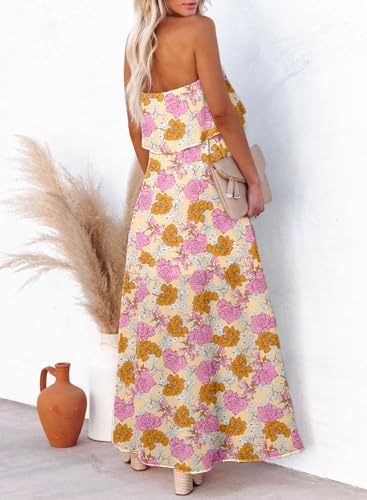 Image of Dokotoo Womens Strapless Dresses Casual Summer High Waist Side Split Flowy Boho Maxi Dress