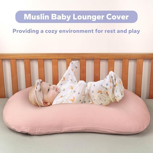 Image of FUNUPUP Muslin Baby Lounger Cover Compatible with Snuggle Me Lounger, Infant Lounger Pillow Cover for Newborn, Removable Newborn Lounger Cover for Boys and Girls, Pink