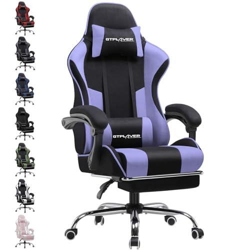 GTPLAYER Gaming Stuhl Stoff, Bürostuhl Massage Gaming Sessel Ergonomischer Gamer Stuhl mit Fußstütze, Kopfstütze Massage-Lendenkissen, Gepolstert Gaming Chair, Drehsessel, lila