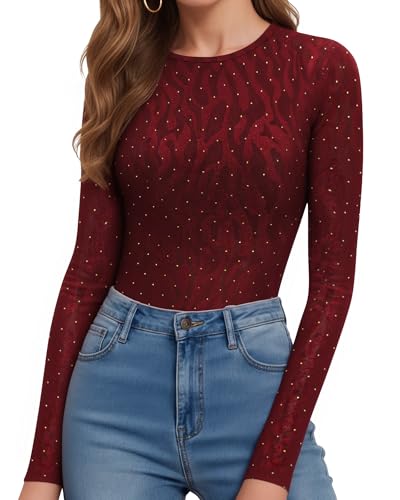 Image of MANGOPOP Womens Bodysuit Long Sleeve Crew Neck Body suit for Women Ribbed Bodysuits Shirts
