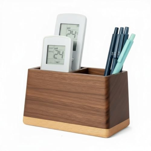 Sakulaya リモコン 収納 木製 リモコンラック ペン立て 卓上 リモコン置き 大容量 文房具 小物入れ おしゃれ シンプル デスク 整理 リビング インテリア 2格仕切り 台形 クルミ材