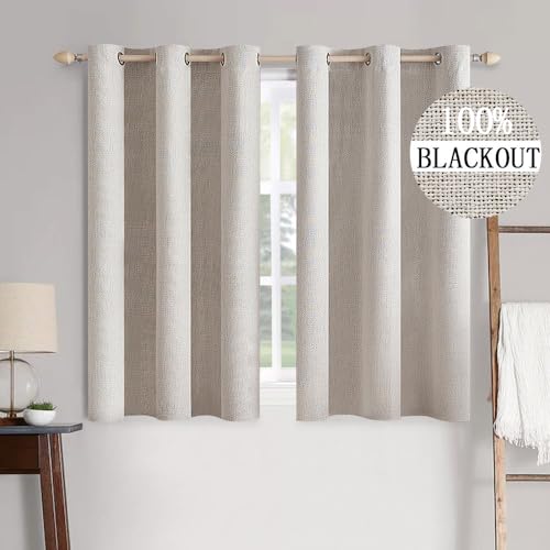 MIULEE 100% Blackout Linen Textured Curtains for Bedroom Solid Thermal Insulated Ivory Grommet Room Darkening Curtains & Drapes Luxury Decor for Living Room Nursery 42 x 63 Inch (2 Panels)