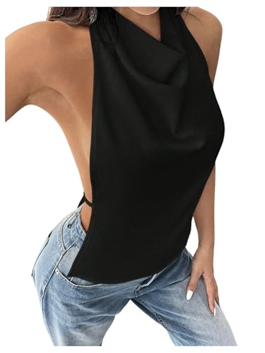 MakeMeChic Women's Halter Tops Open Back Sleeveless Satin Dinner Tops Tie Backless Summer Shirts Black Medium