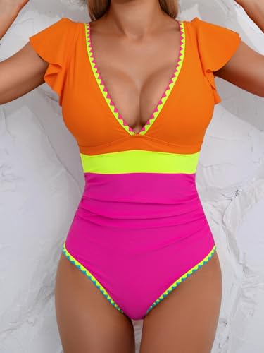 Image of Aidonger Women's One Piece Ruffle Swimsuit Tummy Control Bathing Suit V Neck Shell Stitched Swim Suit Slimming Swimwear