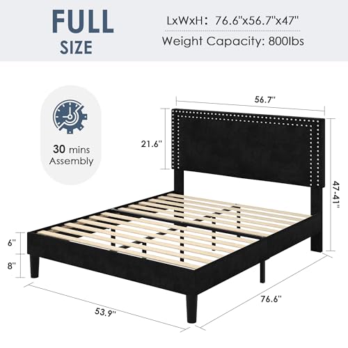 Image of VECELO Full Size Platform Bed Frame with Height Adjustable Upholstered Headboard, Modern Mattress Foundation,Strong Wood Slat Support, No Box Spring Needed, Easy Assembly,Black