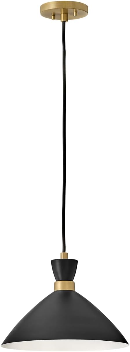 Lark Simon by Hinkley Single Light Convertible Pendant, Semi-Flush Mount or Adjustable Cord-Hung Pendant, Mid-Century Modern, Black and Heritage Brass