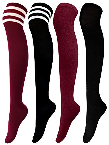 Aneco 4 Pairs Over Knee Thigh Socks Boot Thigh Women Socks Knee-High Sock High Thigh Stockings High for Daily Wear, Cosplay