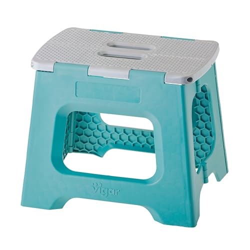 Image of Vigar Compact Step Stool Foldable, 10-1 /2-inch Step Stools for Adults up to 330 Pound, Lightweight Stool, Non-Slip Folding Step Stool, Turquoise