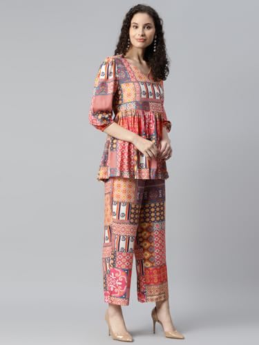 Image of DEEBACO Women's Geometric Print Rayon Top & Pants Co Ord Set For Women V Neck 3 /4 Puff Sleeve Ladies Party Casual Wear Fashionable For Girls Loose Fit Cord Set (DBCOMR00000983 M Multicolor)