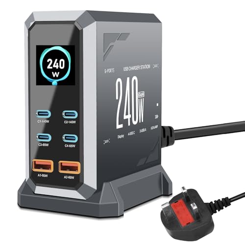 Wowfast 240W USB C Charger Block - 6 Port Multi Port USB C Fast Charging Station GaN PD 140W 65W/QC 60W Laptop Charger Hub with LCD Display for MacBook iPad Galaxy iPhone 17/16/15 Pro(Gray)