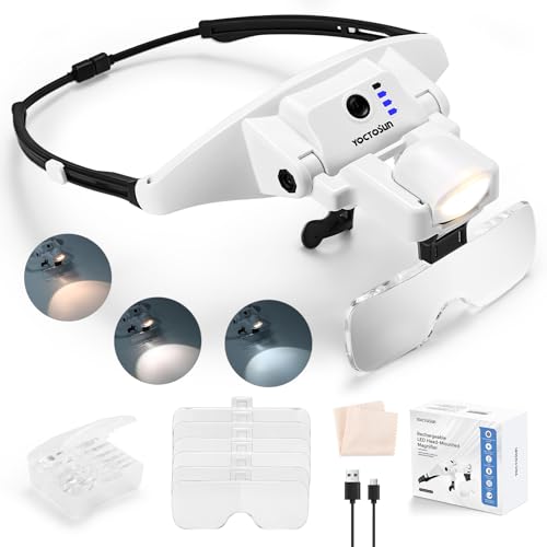 YOCTOSUN Magnifying Glass with Light Magnifying Glasses with 6 Lenses 1.0X4.0X Rechargeable Headset Magnifier with 3 Light Colors Magnetic Headband Head Magnifying Visor for Crafts Sewing Jewelry
