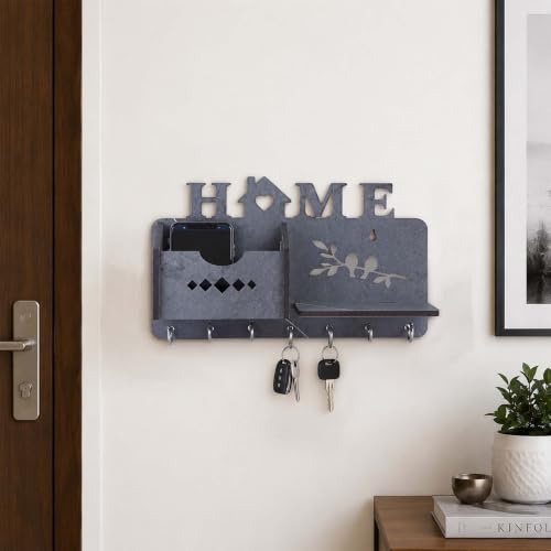 Image of Sehaz Artworks Engineered Wood 7 Hook Mobile Key Holder (MDF Grey)