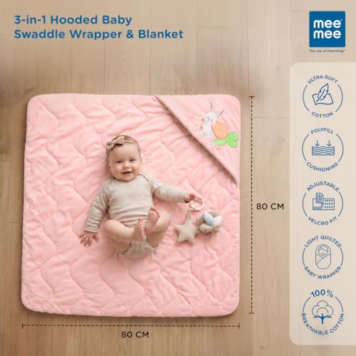 Image of Mee Mee 3-in-1 Baby Wrapper & Carry Nest for Newborns | Soft Breathable Cotton Swaddle with Hood and Cushion | Adjustable Tie-Up Design | Lightweight, Cozy & Easy to Carry (0-6 Months) (Pink)
