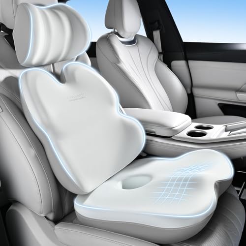 Image of Coverado Car Seat Cushion Back Support Pillow Neck Headrest Pillow, Ergonomic Memory Foam Sciatica & Back & Tailbone Pain Relief Cushion for Office Chair Seat Cushion for Chair Gray&Light Gray