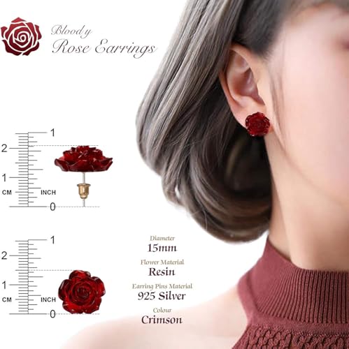 925 Silver rose earrings, beautiful blooming carved Red flowers earrings small resin for female teen mother4