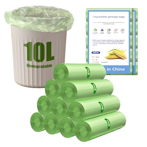 YOMKILU 200 Pièces Sac Poubelle Biodégradables 10L, 10 Rollen 45x50cm Sacs Poubelle, 2.6 Gal Ultra Résistant Trash Bag pour Cuisine, Maison, Bureau, Vert